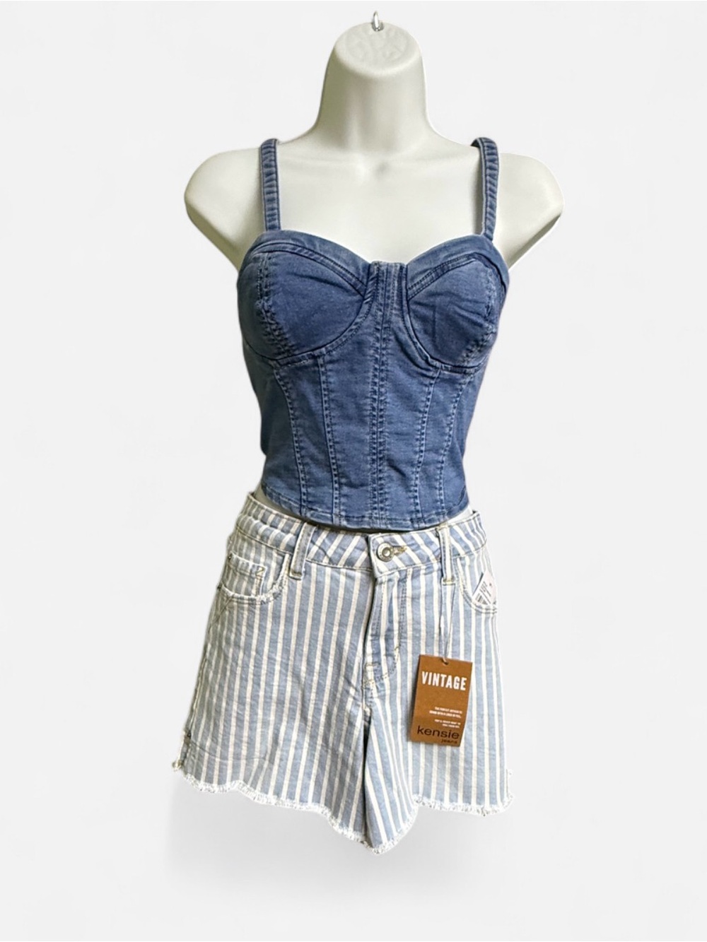 NWT Kensie Blue & White Striped Denim Shortie Shorts Size 25 Festival Vibes - Picture 4 of 4